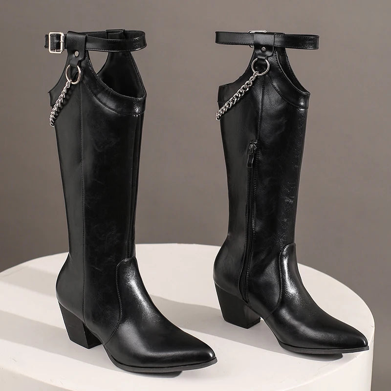 Cum In Me Cowboy Sexy Chain Knee High Boot Heels
