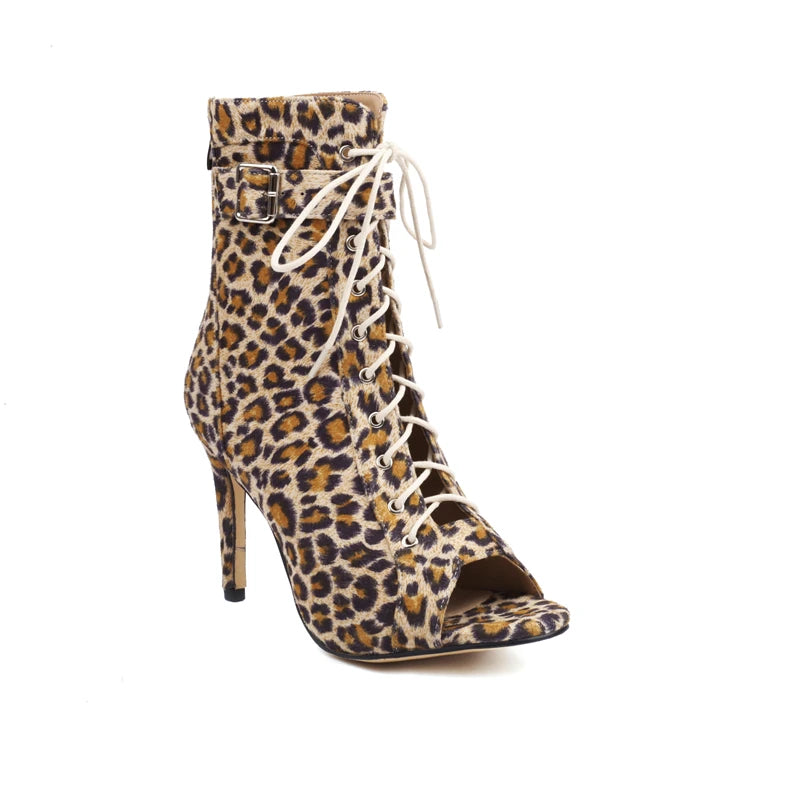 Peeping Pete Open Toe Leopard Ankle Boot Heels