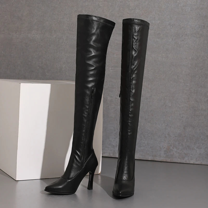 Love Me Long Time Soft Stretch Thigh High Boot Heels
