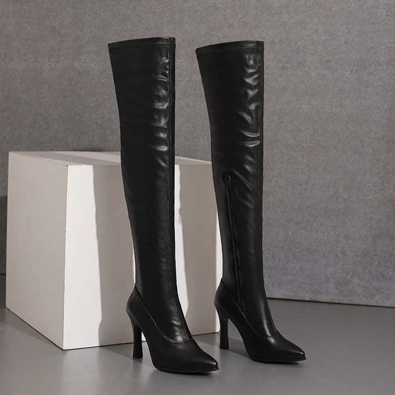 Love Me Long Time Soft Stretch Thigh High Boot Heels