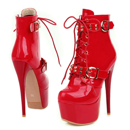 Fuck Me Down & Lace Up Buckle Fetish Ankle Boot Heels