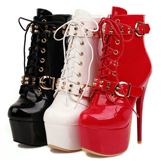 Fuck Me Down & Lace Up Buckle Fetish Ankle Boot Heels