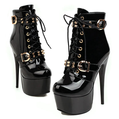 Fuck Me Down & Lace Up Buckle Fetish Ankle Boot Heels