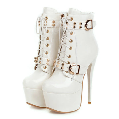 Fuck Me Down & Lace Up Buckle Fetish Ankle Boot Heels