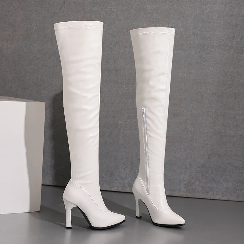 Love Me Long Time Soft Stretch Thigh High Boot Heels