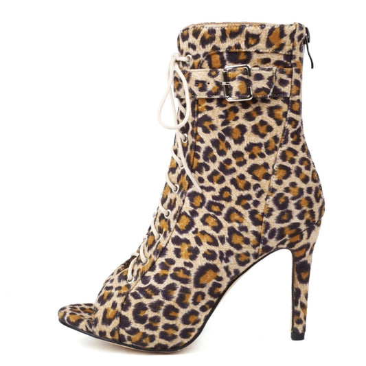 Peeping Pete Open Toe Leopard Ankle Boot Heels