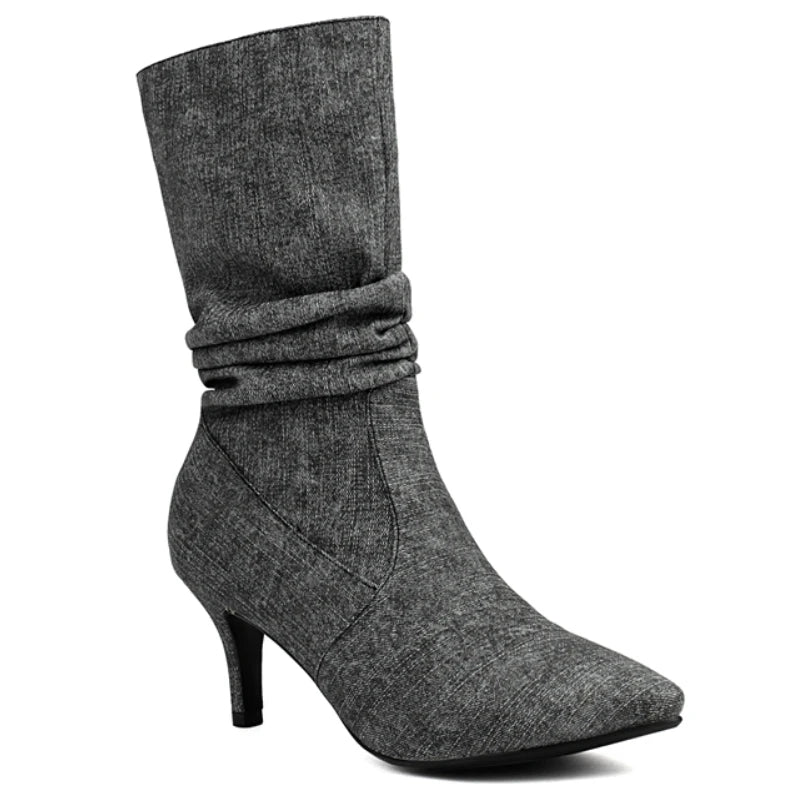 Please Me Pleated Jean Ankle Boot Heels