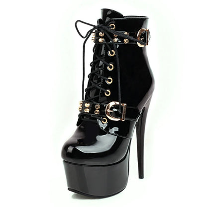 Fuck Me Down & Lace Up Buckle Fetish Ankle Boot Heels