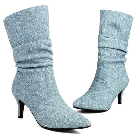 Please Me Pleated Jean Ankle Boot Heels