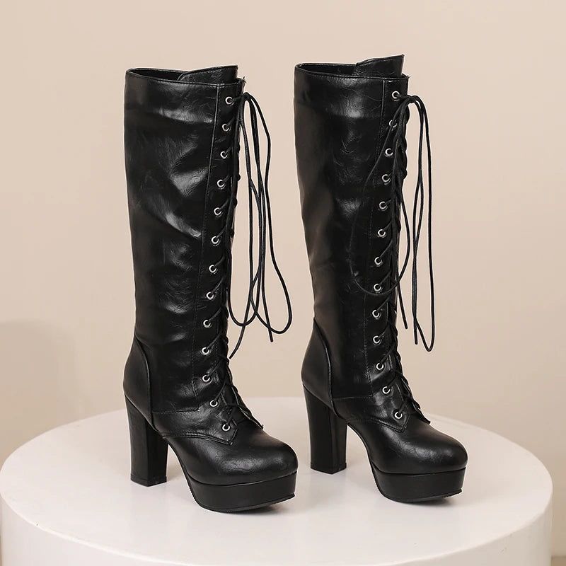 Lick Me Low Lace Up Knee High Boot Heels