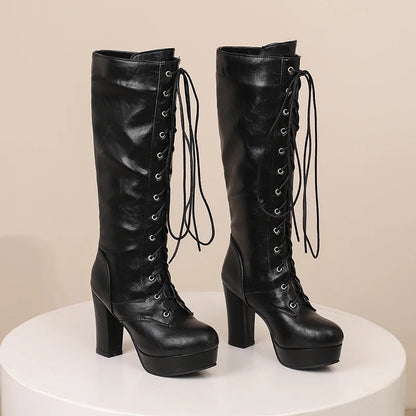 Lick Me Low Lace Up Knee High Boot Heels