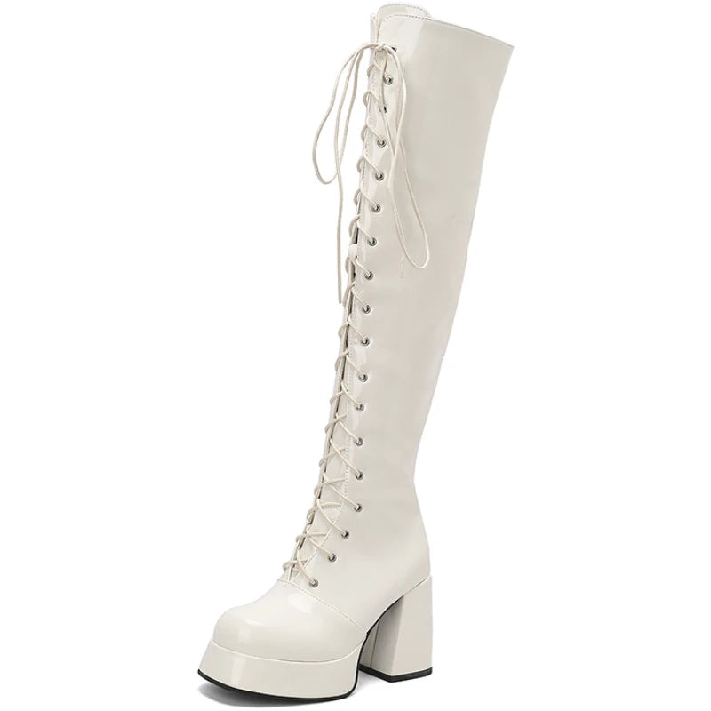 Wrap Me In Leather Lace Up Knee High Boot Heels