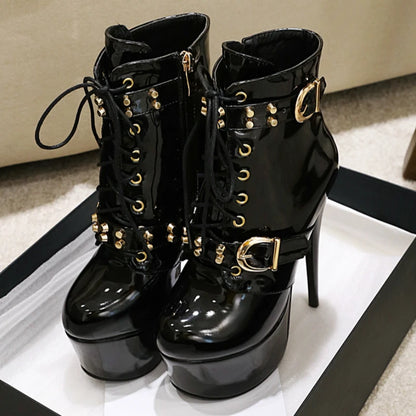 Fuck Me Down & Lace Up Buckle Fetish Ankle Boot Heels