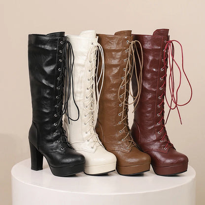 Lick Me Low Lace Up Knee High Boot Heels