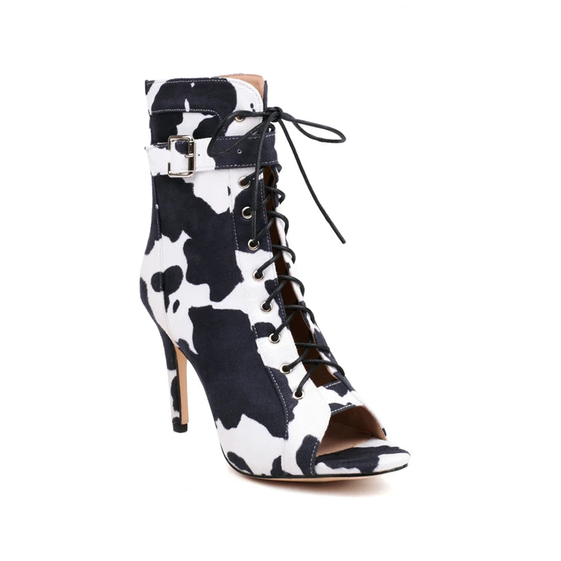 Peeping Pete Open Toe Cow Ankle Boot Heels