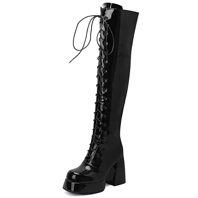 Wrap Me In Leather Lace Up Knee High Boot Heels
