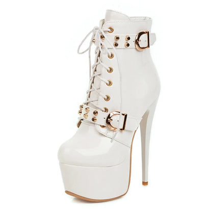 Fuck Me Down & Lace Up Buckle Fetish Ankle Boot Heels