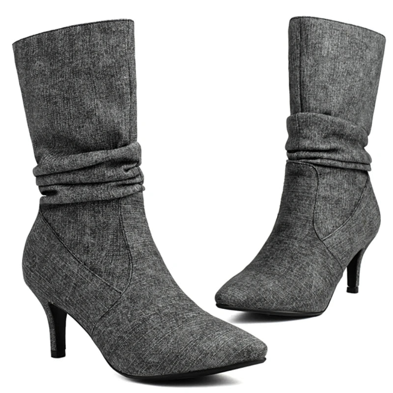 Please Me Pleated Jean Ankle Boot Heels
