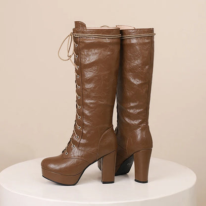 Lick Me Low Lace Up Knee High Boot Heels