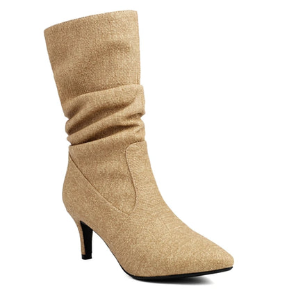 Please Me Pleated Jean Ankle Boot Heels