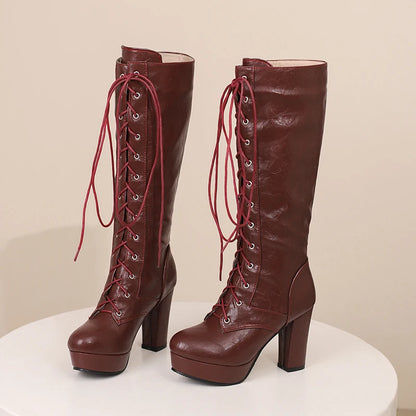 Lick Me Low Lace Up Knee High Boot Heels