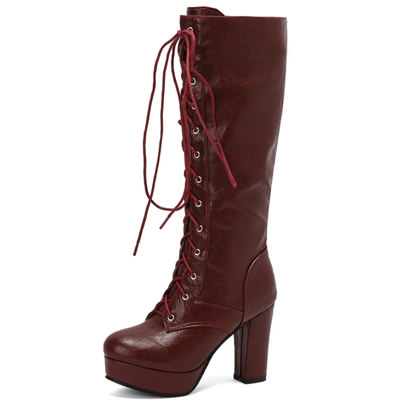 Lick Me Low Lace Up Knee High Boot Heels