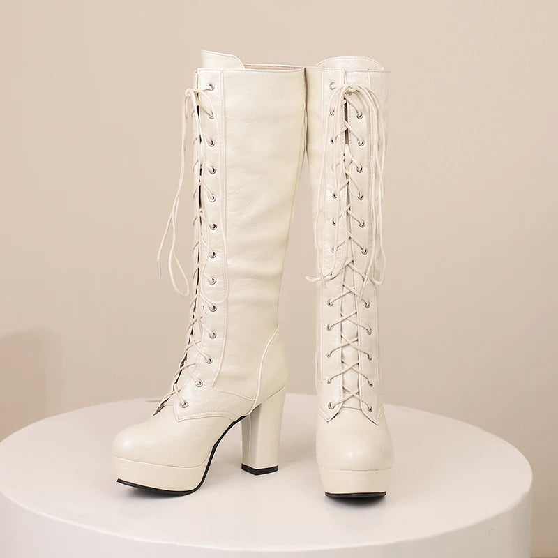 Lick Me Low Lace Up Knee High Boot Heels