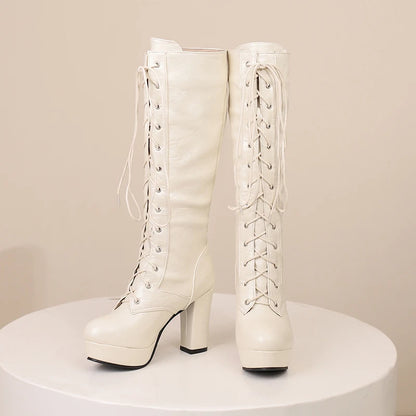 Lick Me Low Lace Up Knee High Boot Heels