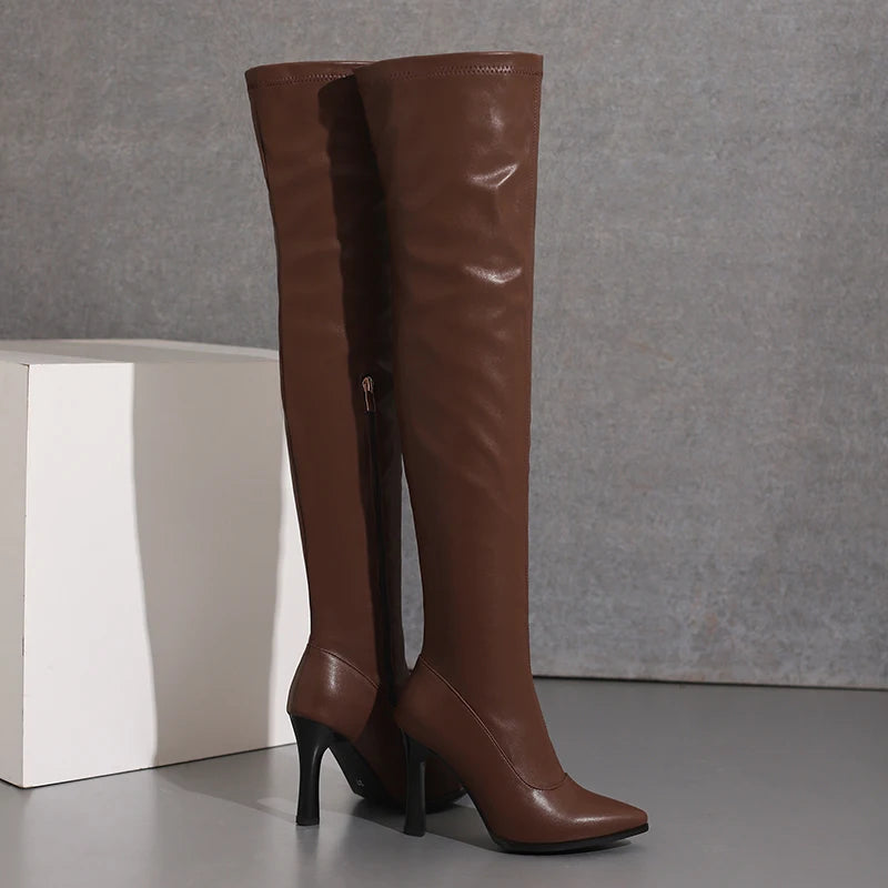 Love Me Long Time Soft Stretch Thigh High Boot Heels