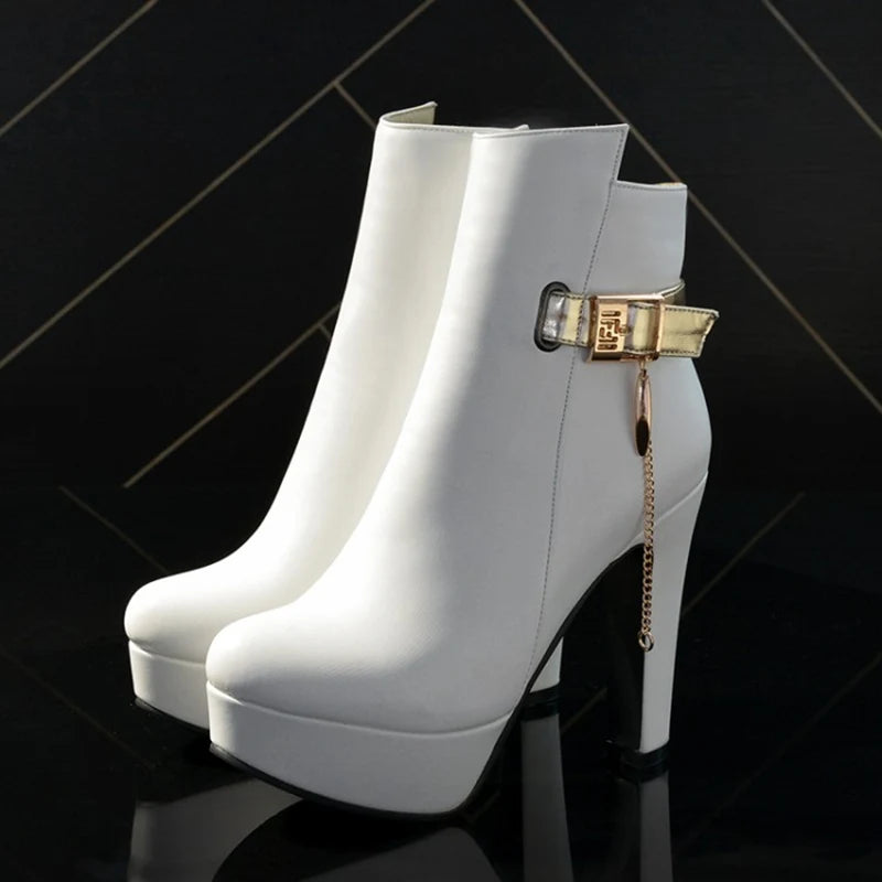 Fly Bitch Fashion Dangle Chain Buckle Ankle Boot Heels