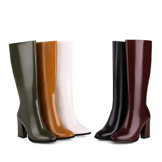 Glossy Gal Mid Calf Boot Heels